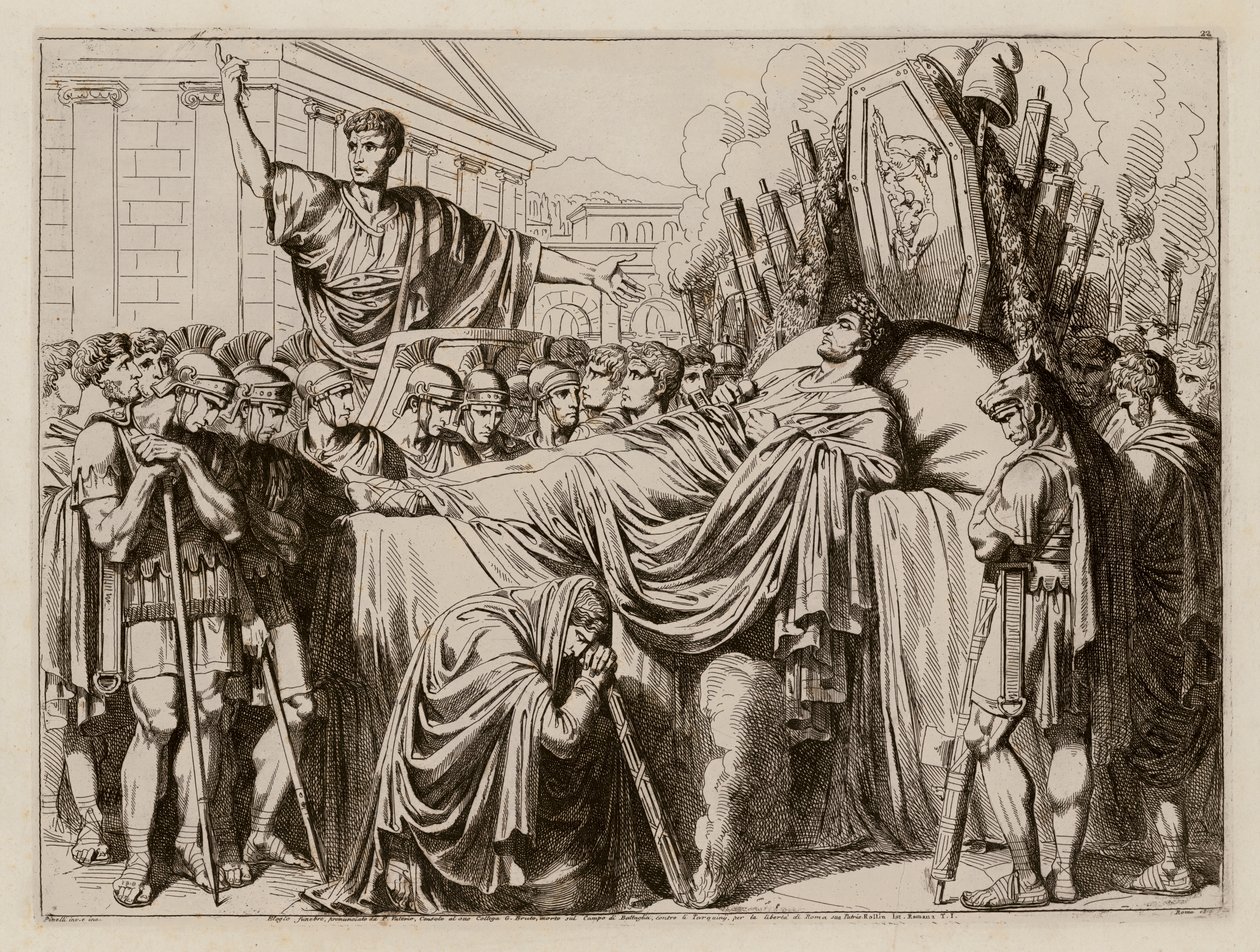 Valerius pronáší smuteční řeč na Brutově pohřbu, 509 př. n. l. (lept) od Bartolomeo Pinelli