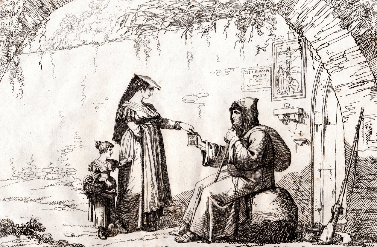 Žena z Frascati a poustevník, lept Bartolomeo Pinelli (Řím od Bartolomeo Pinelli