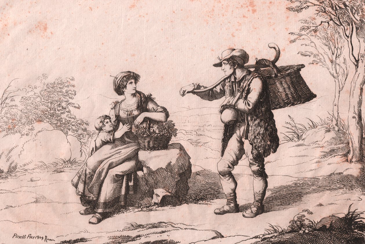 Žena z Pietra Terrazzana v tradičních krojích, Abruzzo a gioncataro (prodejce sýra caciotte), lept Bartolomeo Pinelli (Řím) od Bartolomeo Pinelli
