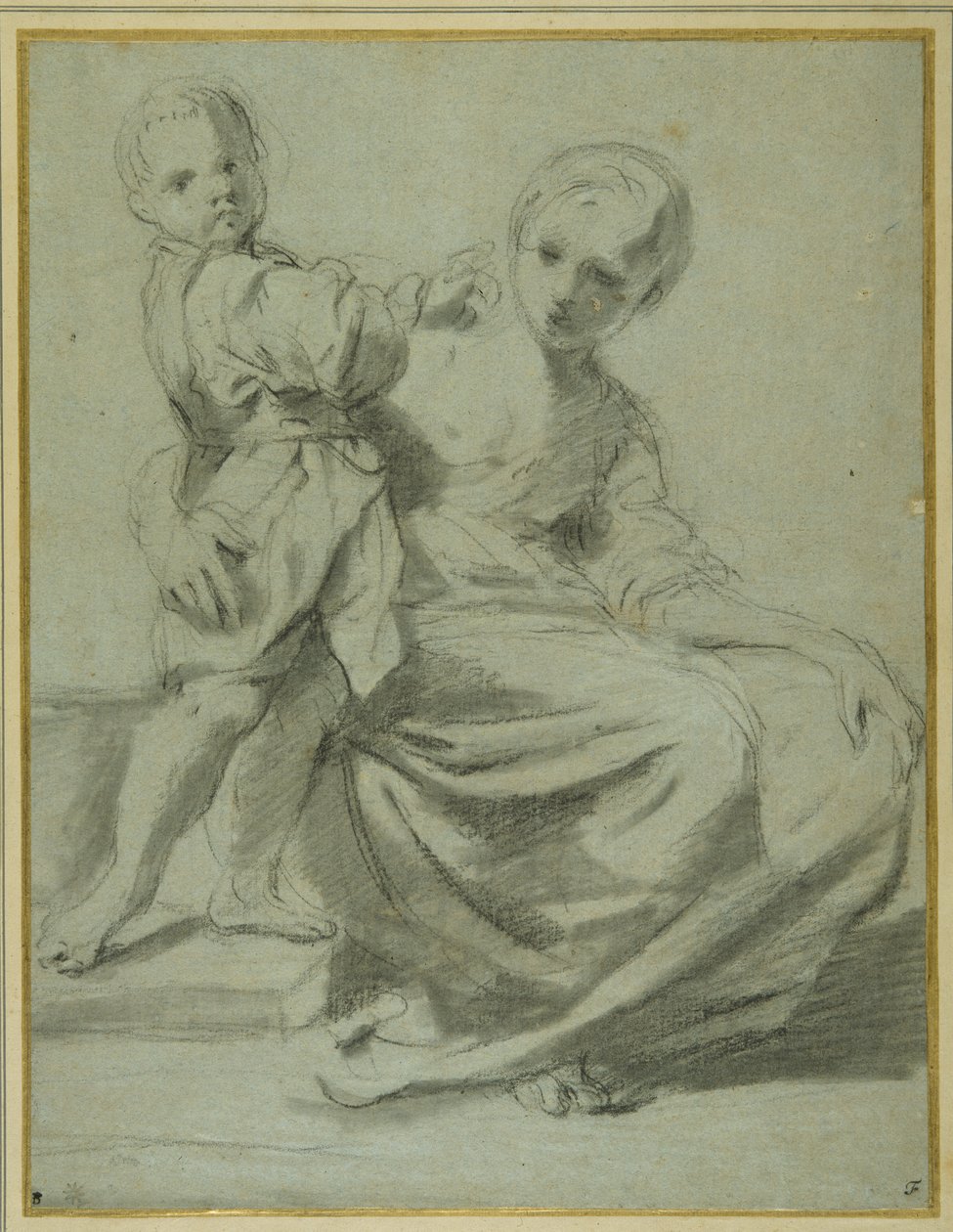 Matka a dítě (černá křída s hnědým praním na carta azzurra) od Bartolomeo Schedoni