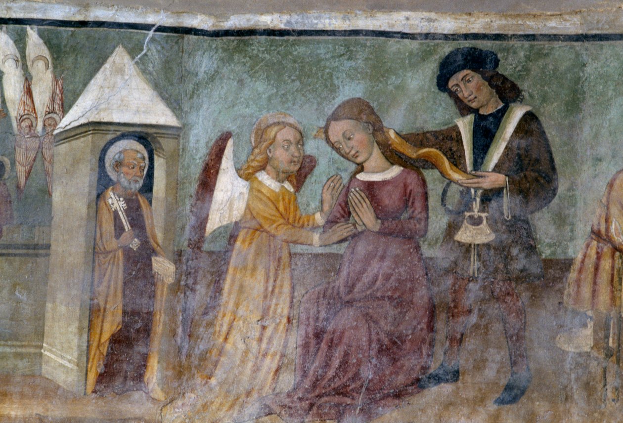 Alegorický výjev, detail z cyklu zobrazujícího Kavalkádu neřestí a ctností, cca 1490, Bartolomeo Serra a Sebastiano Serra, freska, kaple sv. Štěpána, Giaglione, Piemont, Itálie od Bartolomeo and Serra Sebastiano Serra