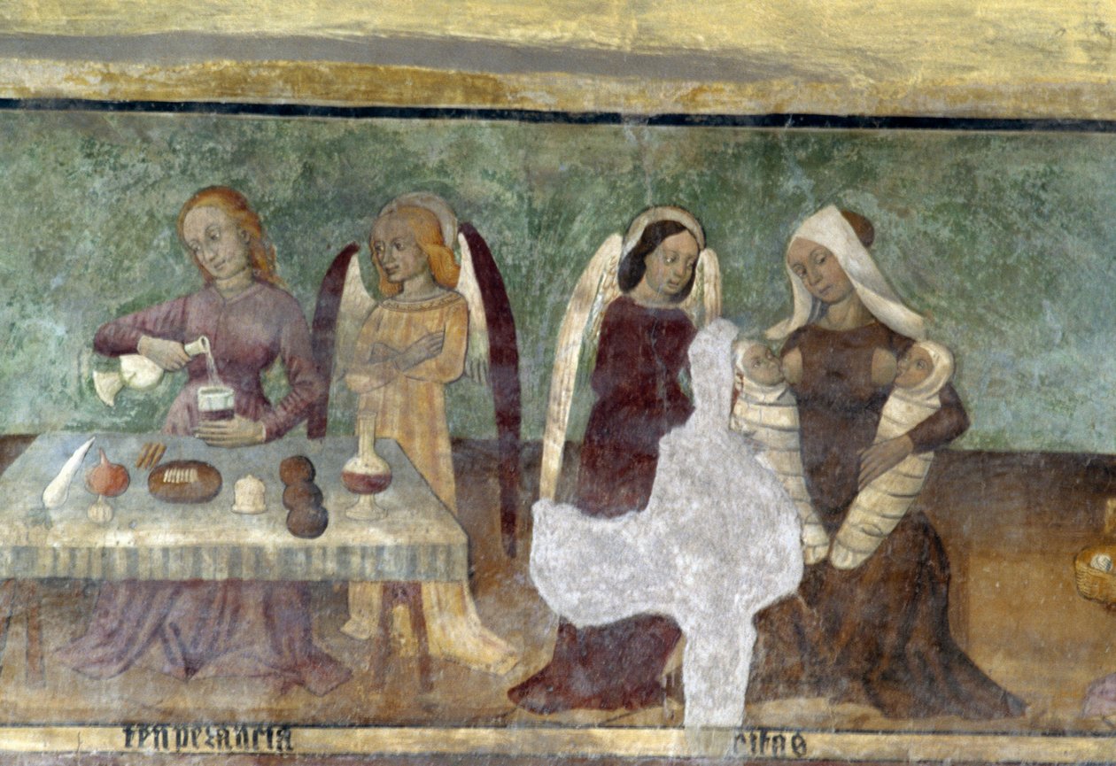 Alegorický výjev, detail z cyklu zobrazujícího Kavalkádu neřestí a ctností, cca 1490, Bartolomeo Serra a Sebastiano Serra, freska, kaple sv. Štěpána, Giaglione, Piemont, Itálie od Bartolomeo and Serra Sebastiano Serra