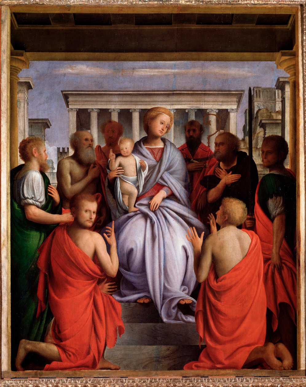 Madonna col Bambino e otto santi (Panna a dítě s osmi svatými, Madonna a dítě s osmi svatými) Obraz od Bartolommea Suardiho řekl Bramantino (1465-1530) 1515-1520 Rozměr 214x104 cm Florencie, Palazzo Pitti od Bartolomeo Suardi Bramantino