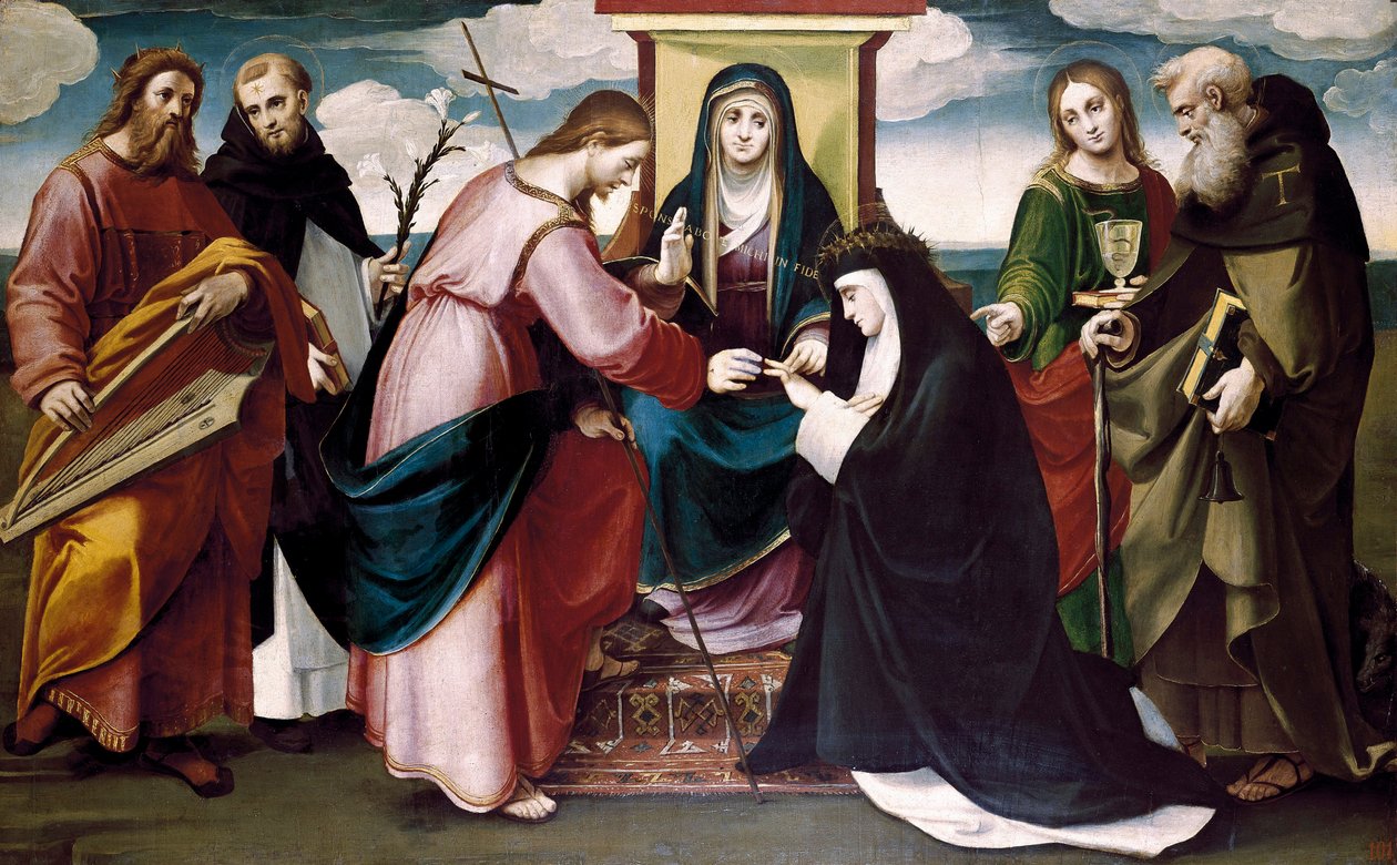 Mystická svatba svaté Kateřiny Sienské s Kristem a svatých Jana Křtitele, Antonia Abatea, Dominika, krále Davida a Panny Marie, c. 1517 (olej na panelu) od Bartolomeo called Bagnacavallo Ramenghi