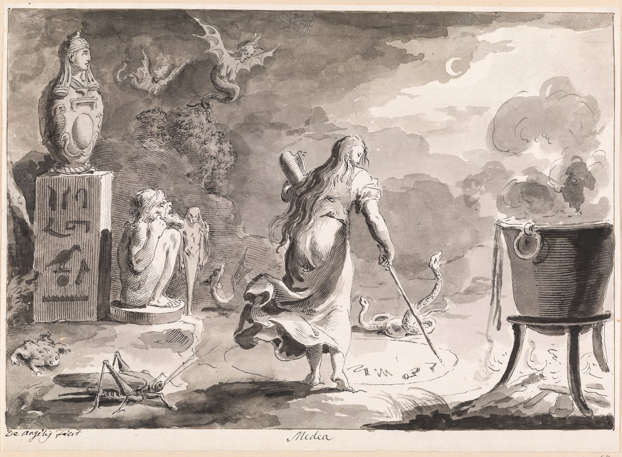 Medea. Žena otočená zády, mezi plazy, mořskými tvory, čarodějnickým kotlem a egyptskými sochami, píše v noci do kruhu na zem čarodějné runy. od Bartolomeo d