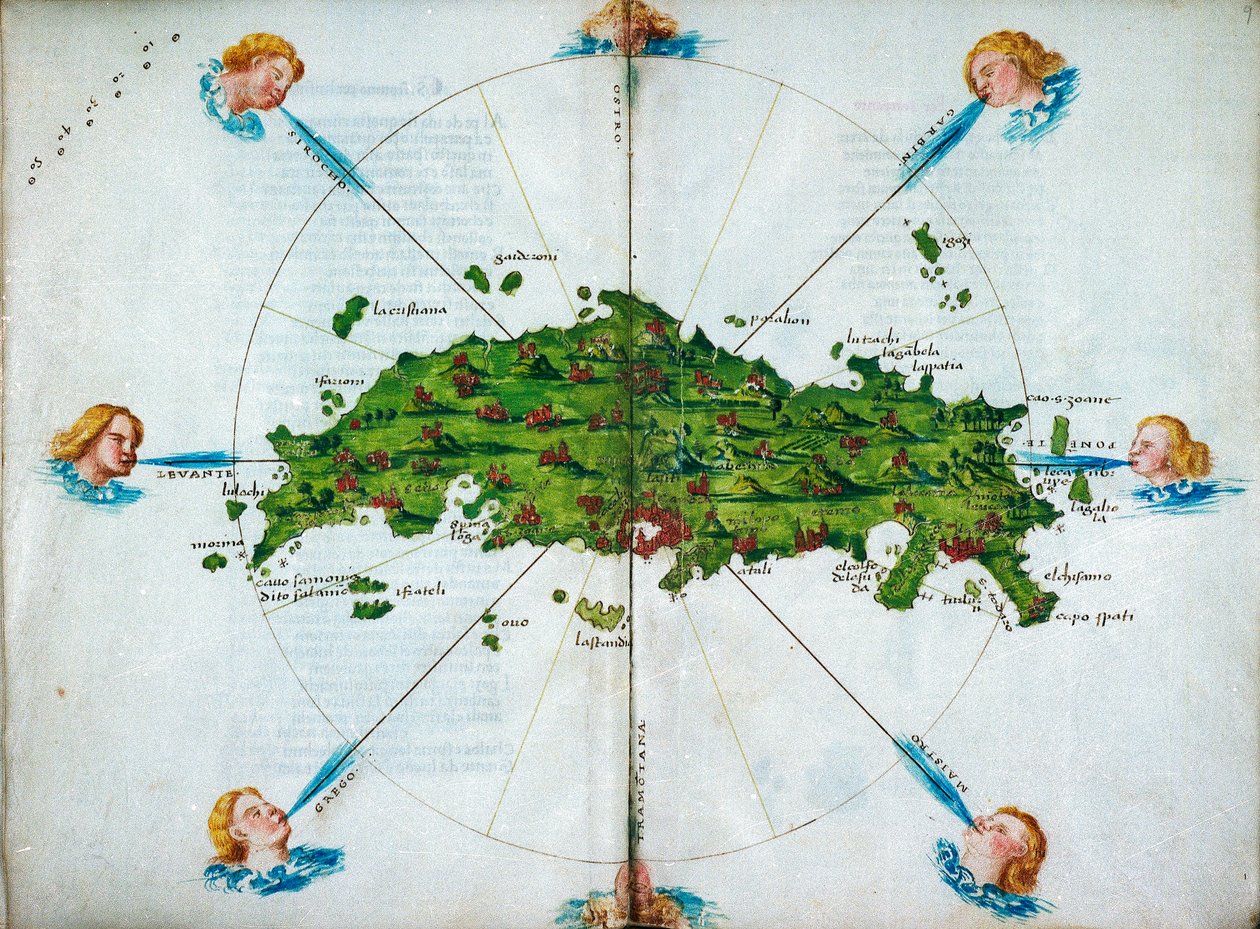 Isolario, veršované, s barevnými kresbami a mapou východního Středomoří na pergamenu, asi 1480 (kresba na pergamenu) od Bartolomeo da li Sonetti