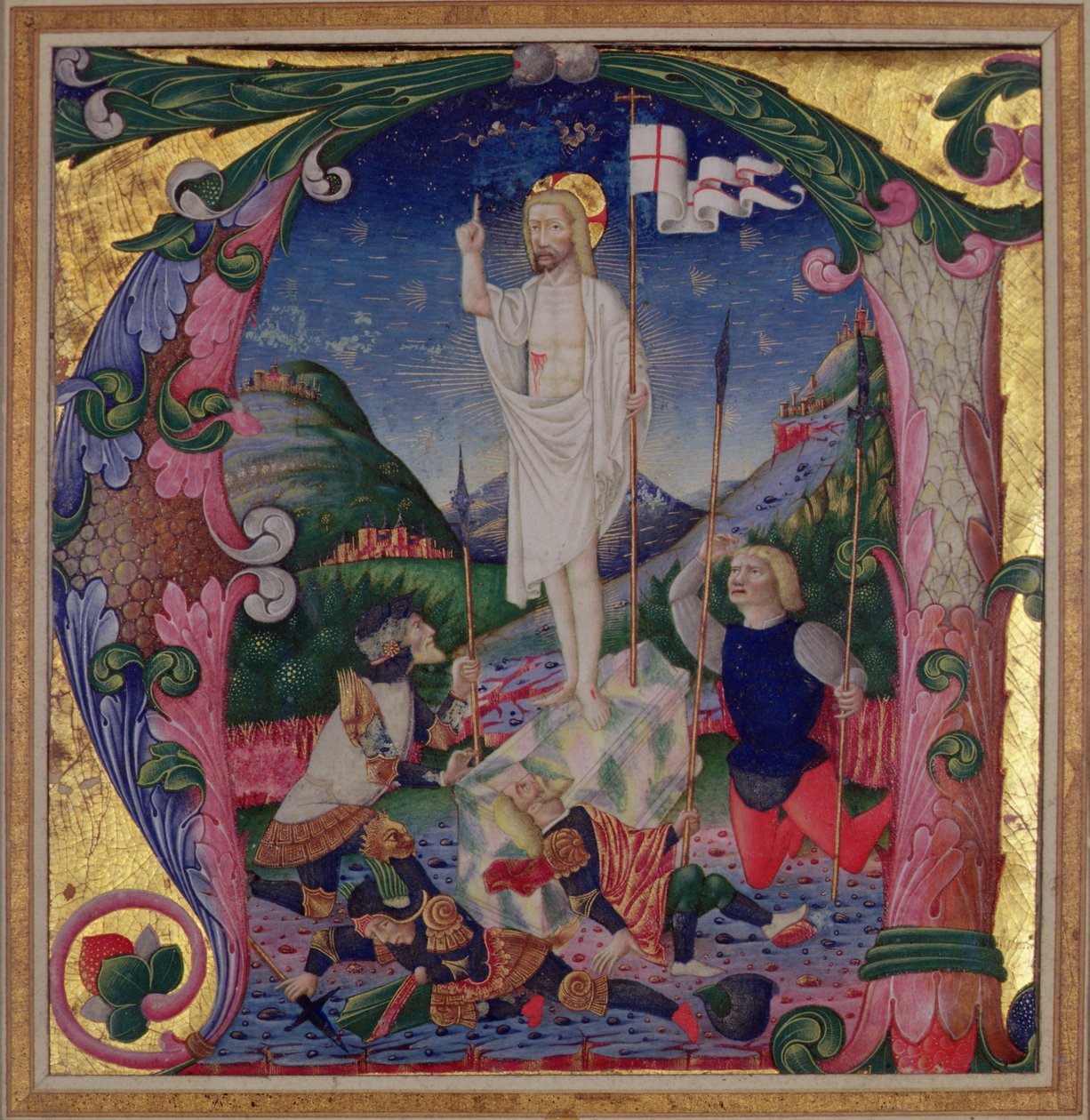 Historická iniciála A zobrazující Vzkříšení Krista, lombardská škola od Bartolomeo de Rigossi da Gallarate attr. to Bartolomeo de Rigossi da Gallarate attr. to