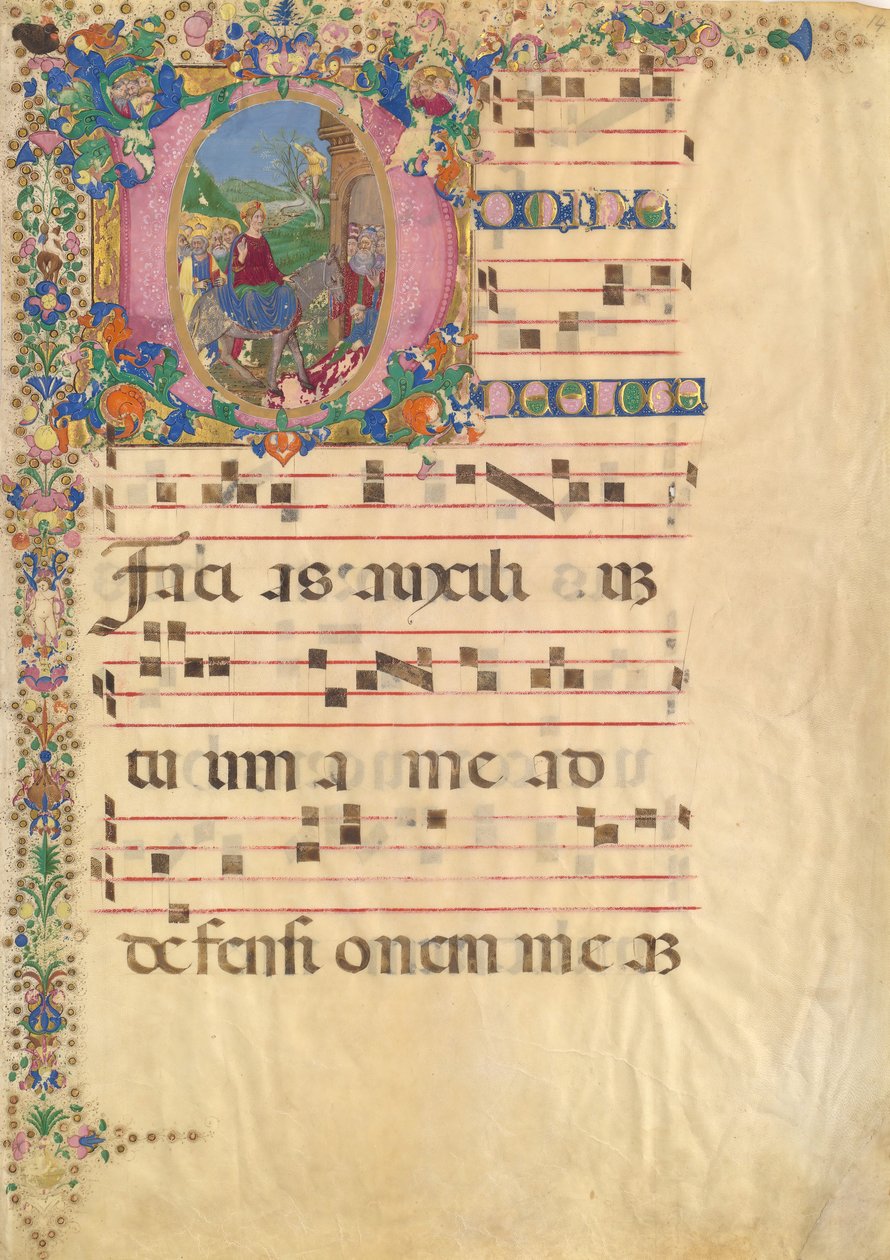 Rukopisný list se vstupem do Jeruzaléma na Květnou neděli v iniciále D..., 15.-16. století. od Bartolomeo di Domenico di Guido