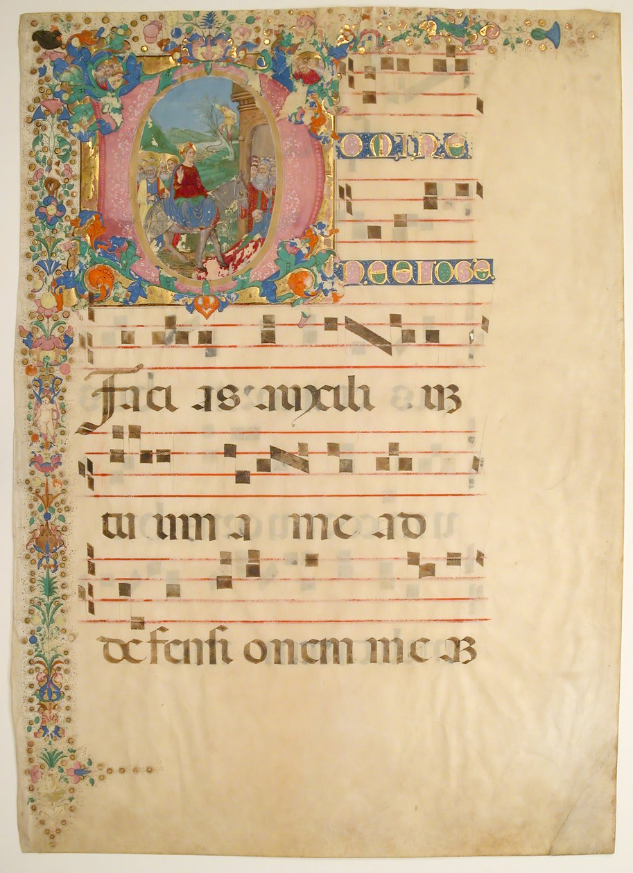 Rukopisný list se vstupem do Jeruzaléma na Květnou neděli v iniciále D..., 15.-16. století. od Bartolomeo di Domenico di Guido