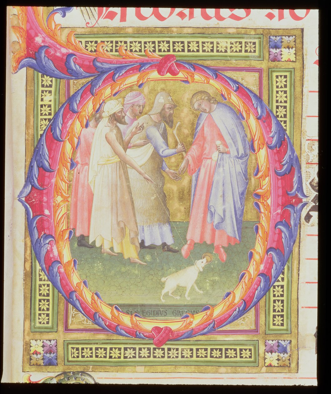 Ms 518 f.1r Historická iniciála O zobrazující Tobiáše a anděla od Bartolomeo di Frusino