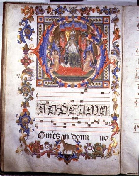 Ms 557 f.35v Stránka s iluminací zobrazující Aegidius (sv. Jiljí) (dc700) trůnící a obklopený anděly, z 