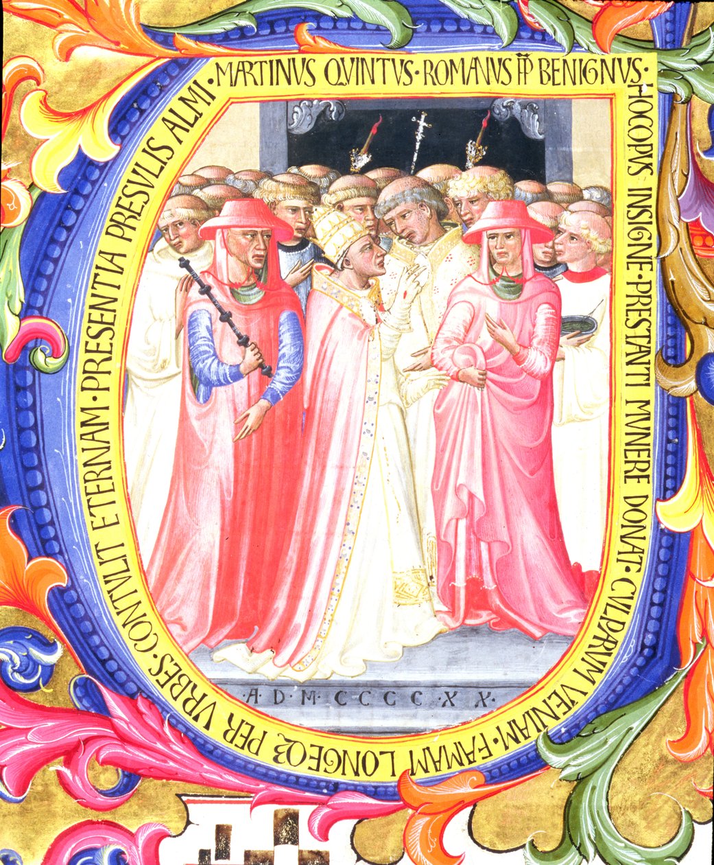 Ms 557 f.61v Historická iniciála U zobrazující papeže Martina V. 1368-1431 při vysvěcení kostela Sant. Egidio, z antifonálu ze San Marco e Cenacoli 1420 detail pergamenu z 100098 od Bartolomeo di Frusino
