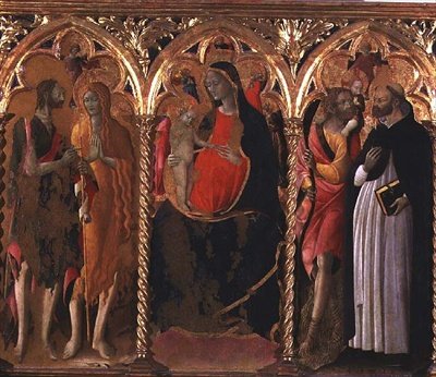 Triptych: Madona s dítětem (ústřední panel) se sv. Janem Křtitelem, sv. Máří Magdalénou, sv. Kryštofem a sv. Dominikem (tempera na panelu) od Bartolomeo di Tommaso da Foligno