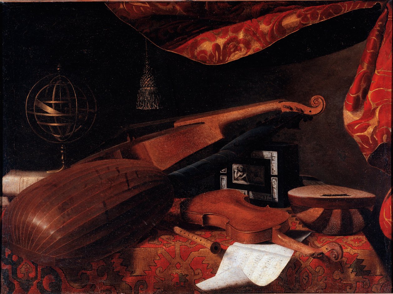 Zátiší s hudebními nástroji (housle, loutna a spineta a armilární koule) - Malba Bartolomea Bettera (1639-1722), cca 1660 Olej na plátně Rozměr: 70,5x94,7 cm - Bergamo, Accademia Carrara od Bartolommeo Bettera