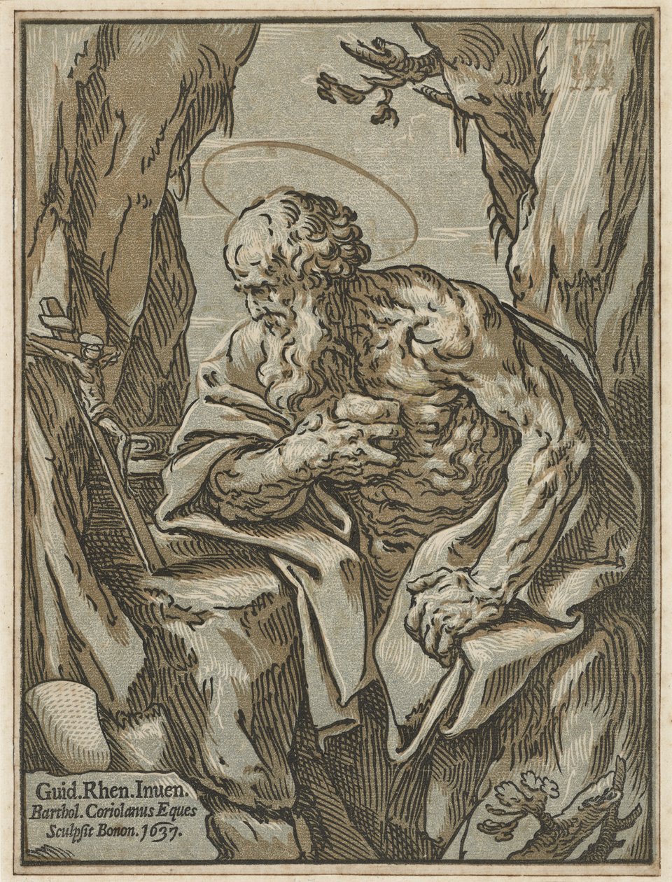 Svatý Jeroným, podle Guida Reniho, 1637 (chiaroscuro dřevoryt ze tří bloků na položeném papíře) od Bartolommeo Coriolano