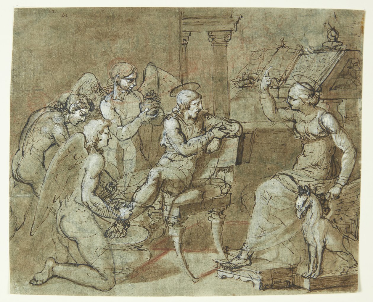 En mandlig helgen vaskes og plejes af engle, mens han lytter til en kvindelig helgen, der sidder foran en læsepult og peger opad. Den Hl.Sebastian hos den Hl.Irene?   1272462   cs       czech Successfully Translated  Original: Man bij kaarslicht The Comple od Bartolommeo Letterini