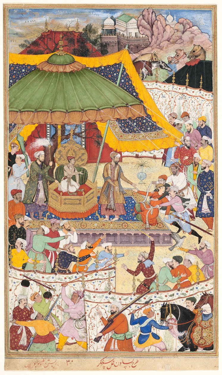 Mladý císař Akbar zatýká drzého šáha Abul-Maaliho, stránka z rukopisu Akbarnama, asi 1590-95 (neprůhledný akvarel a zlato na papíře) od Basawan Basawan