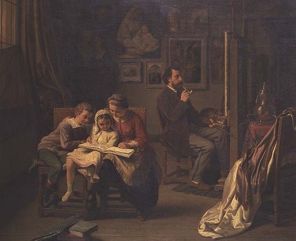 Umělec se svými dětmi ve svém ateliéru od Basile de Loose