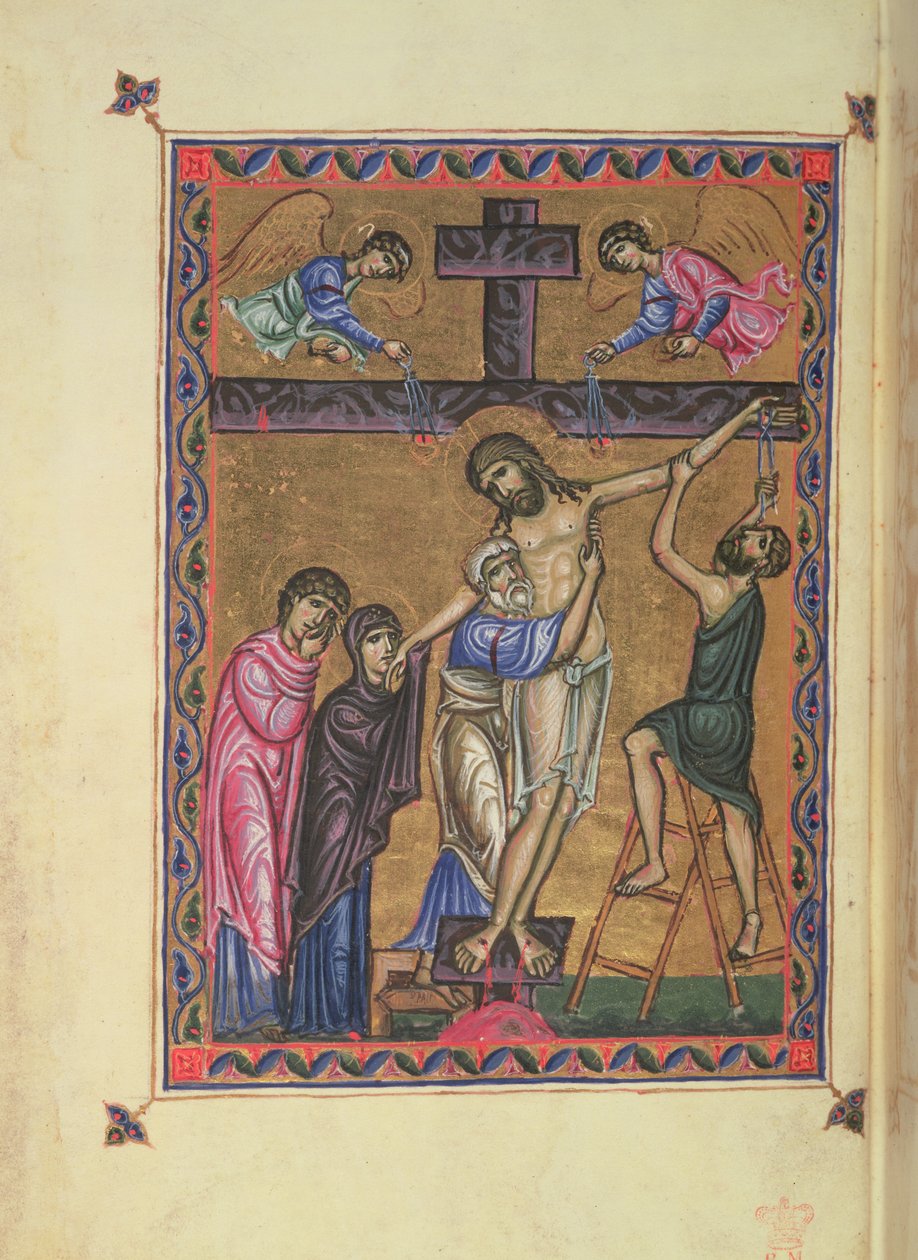 Sestup z kříže, fol. 8b z MS Egerton 1139, žaltář královny Melisende, Jeruzalém od Basilius Basilius