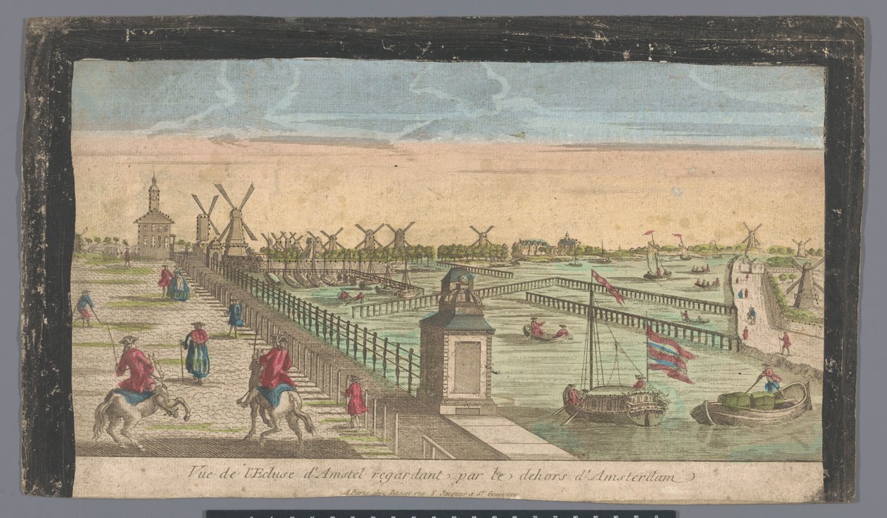 Pohled na Hogesluis směrem k Buiten-Amstel, Amsteldijk a mlýny v Zaagmolensloot v Amsterdamu Vue de l