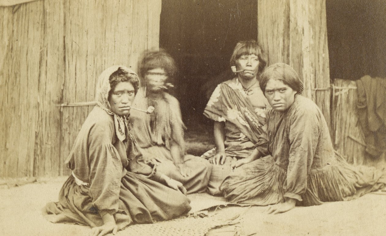 Skupina maorských žen mimo nábřeží, kolem roku 1865 (tisk alba) od Batt and Richards