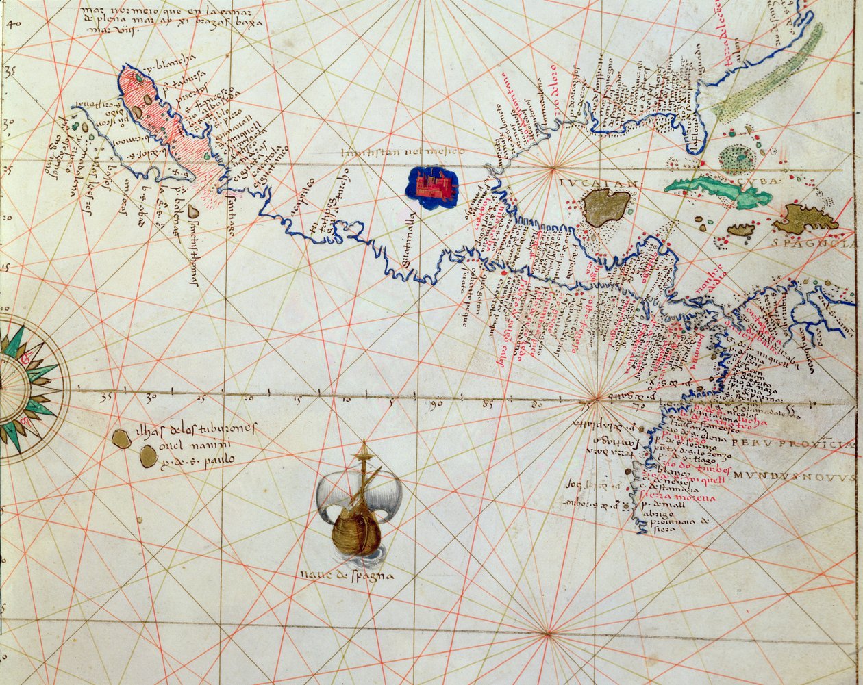 Střední Amerika, z Atlasu světa ve 33 mapách, Benátky, 1. září 1553 (inkoust na pergamenu) (detail z 330960) od Battista Agnese