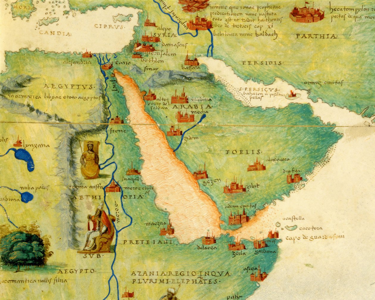 Etiopie, Rudé moře a Saúdská Arábie, z Atlasu světa ve 33 mapách, Benátky, 1. září 1553 (inkoust na pergamenu) (detail z 330946) od Battista Agnese