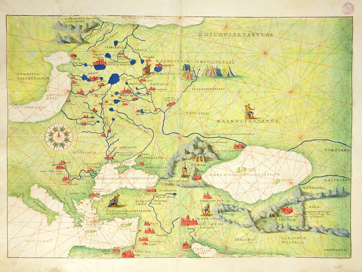 Evropa a střední Asie, z Atlasu světa ve 33 mapách, Benátky, 1. září 1553 (inkoust na pergamenu) (viz také 330954) od Battista Agnese
