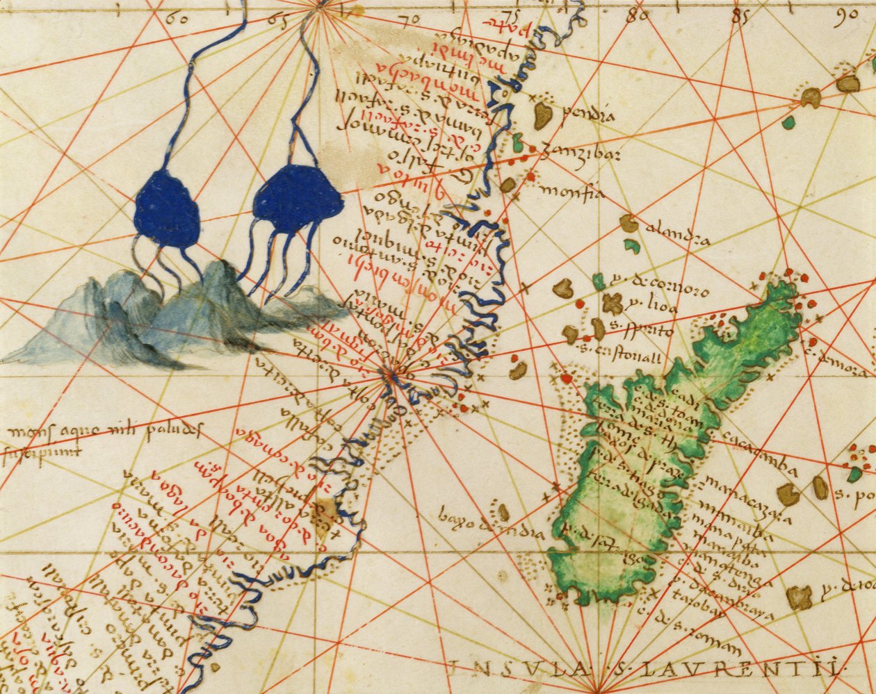 Madagaskar, z Atlasu světa ve 33 mapách, Benátky, 1. září 1553 (inkoust na pergamenu) (detail z 330955) od Battista Agnese