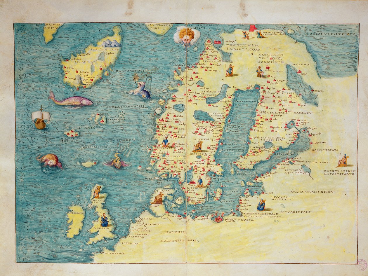 Severní Evropa, z Atlasu světa ve 33 mapách, Benátky, 1. září 1553 (inkoust na pergamenu) (viz také 330952) od Battista Agnese