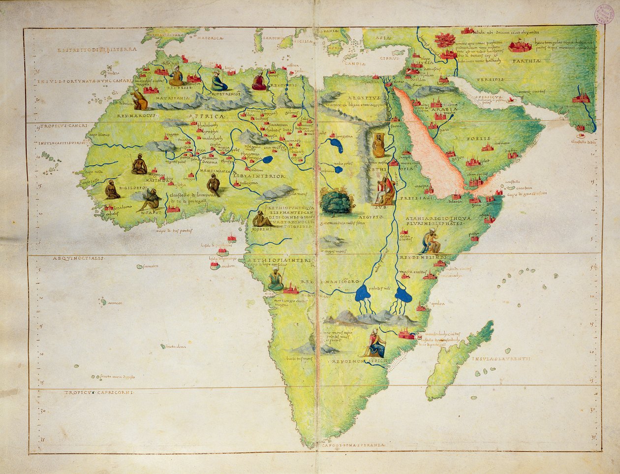 Africký kontinent, z Atlasu světa ve 33 mapách, Benátky, 1. září 1553 (inkoust na pergamenu) (viz také 330947) od Battista Agnese