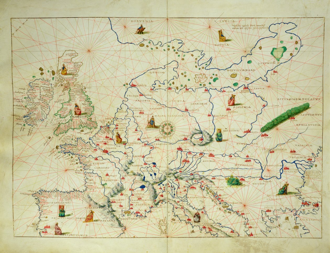 Kontinent Evropy, z Atlasu světa ve 33 mapách, Benátky, 1. září 1553 (inkoust na pergamenu) (viz také 330950) od Battista Agnese
