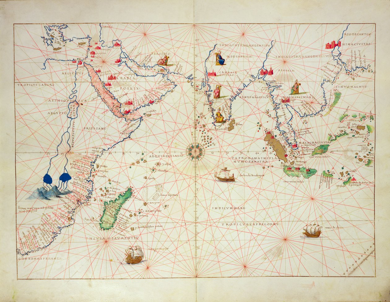 Indický oceán, z Atlasu světa ve 33 mapách, Benátky, 1. září 1553 (inkoust na pergamenu) (viz také 330956) od Battista Agnese
