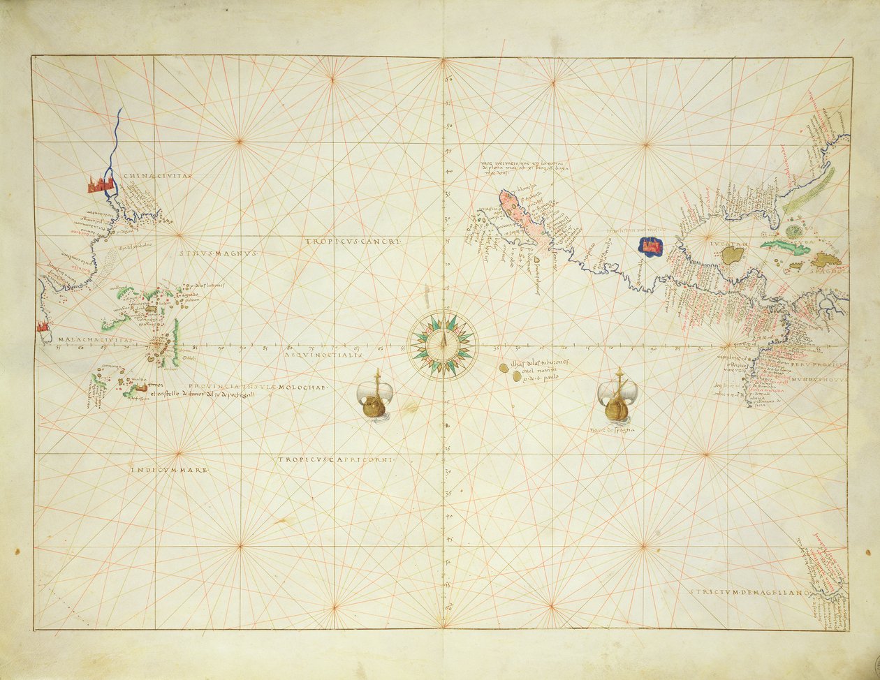 Tichý oceán, z Atlasu světa ve 33 mapách, Benátky, 1. září 1553 (inkoust na pergamenu) (viz také 330962) od Battista Agnese