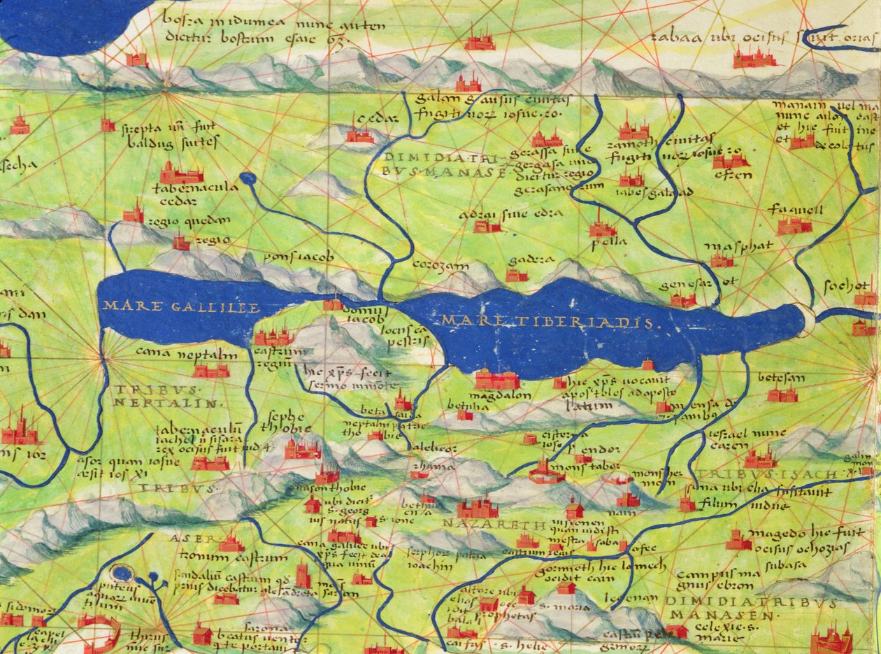 Galilejské moře, z Atlasu světa ve 33 mapách, Benátky, 1. září 1553 (inkoust na pergamenu) (detail z 330966) od Battista Agnese