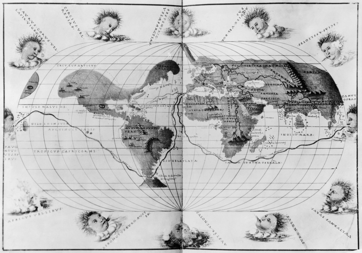 Mapa světa zachycující Magellanovu světovou cestu, z „Portolanského atlasu světa“, kolem roku 1540 (viz také 63417, 151822) od Battista Agnese