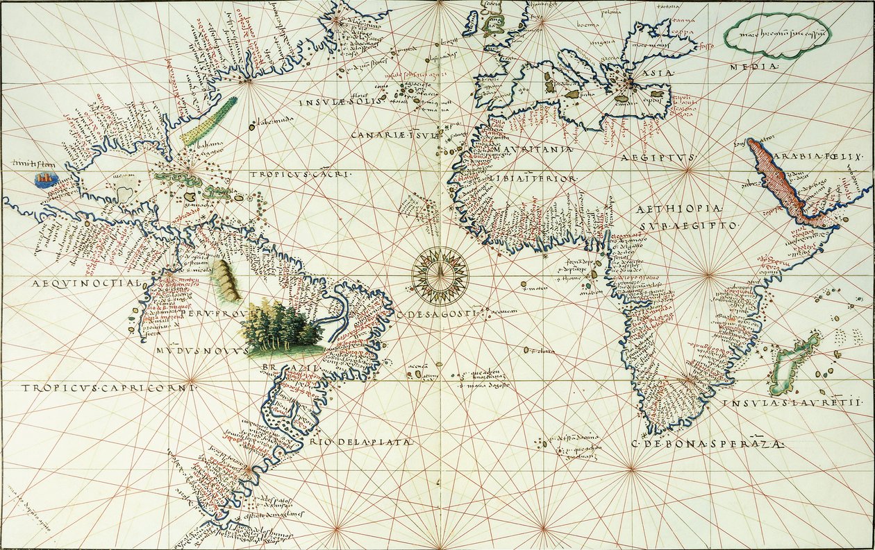 Dvoustránková mapa Atlantského oceánu, zobrazující východní pobřeží Severní a Jižní Ameriky, 1544 od Battista Agnese