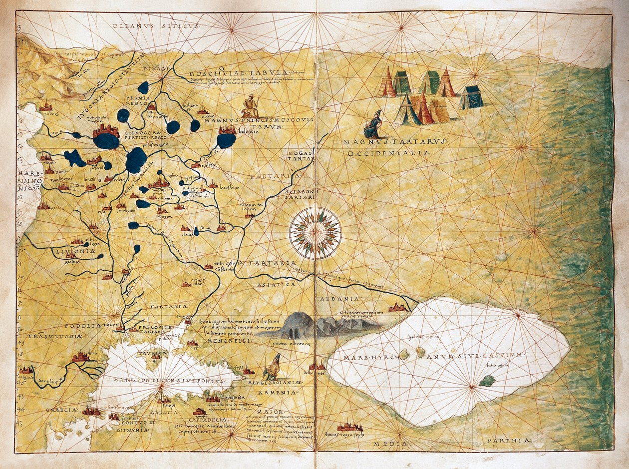 Moschoviae Tabula, mapa Ruska a evropských měst podél řeky Volhy od Battista Agnese