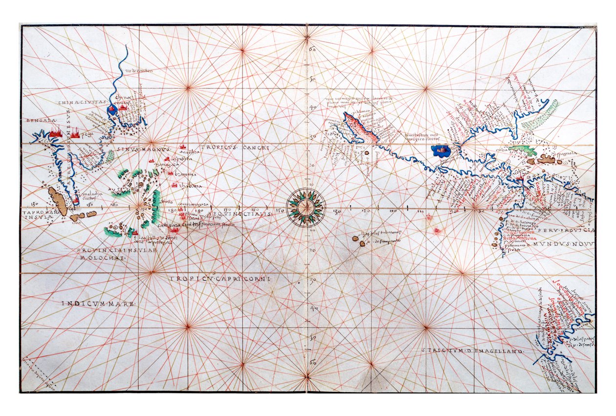 Navigační mapa ukazující Čínu, Cejlon a Filipíny a obratníky Raka a Kozoroha, kolem roku 1540 od Battista Agnese