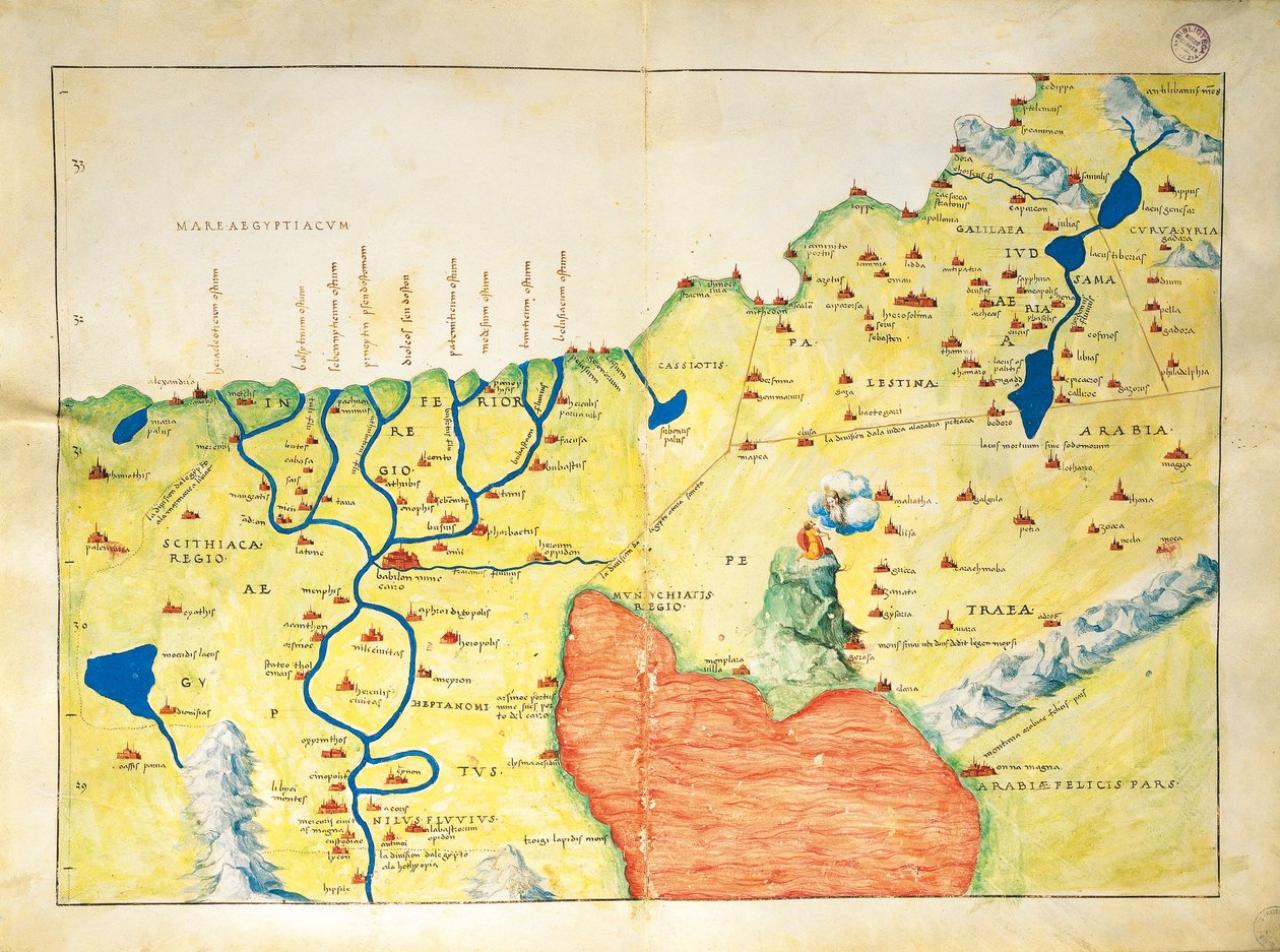 Delta řeky Nilu, Rudé moře a hora Sinaj, z Atlasu světa ve třiceti třech mapách, Battista Agnese od Battista Agnese