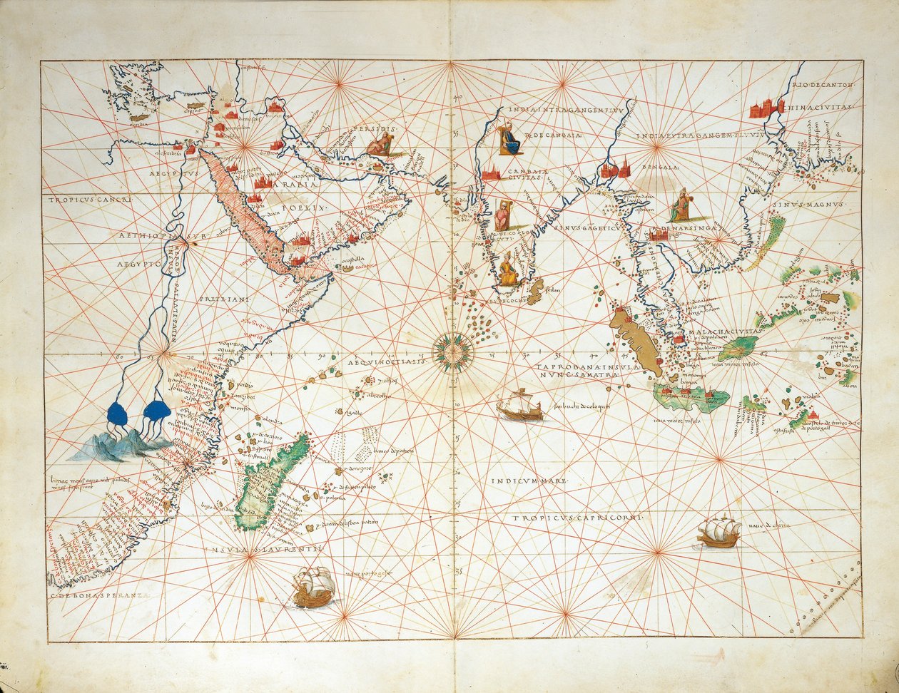 Indický oceán a část Asie a Afriky, z Atlasu světa ve třiceti třech mapách, Battista Agnese od Battista Agnese