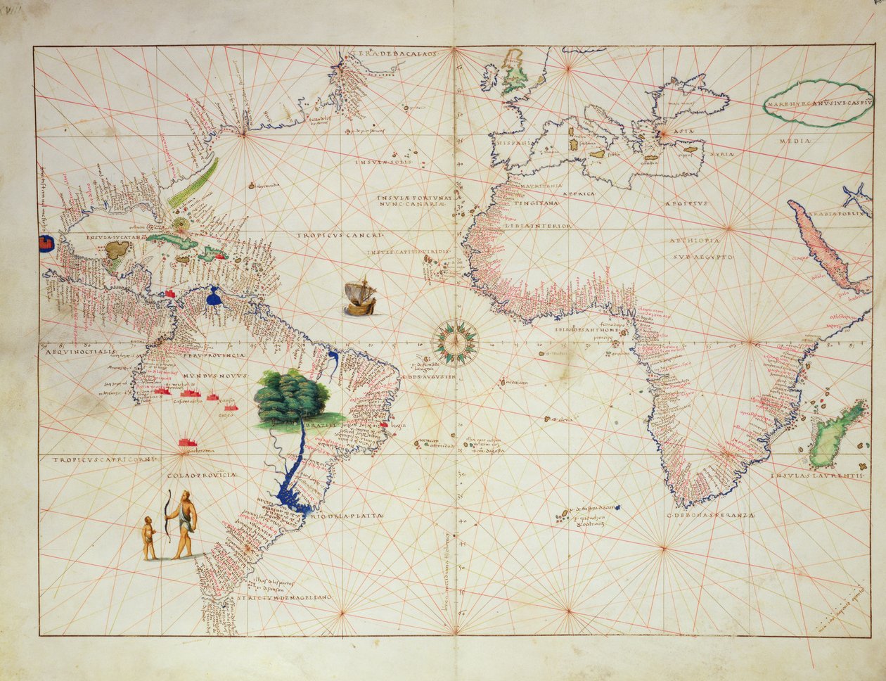 Nový svět, z Atlasu světa ve 33 mapách, Benátky, 1. září 1553 (inkoust na pergamenu) (viz také 330961) od Battista Agnese