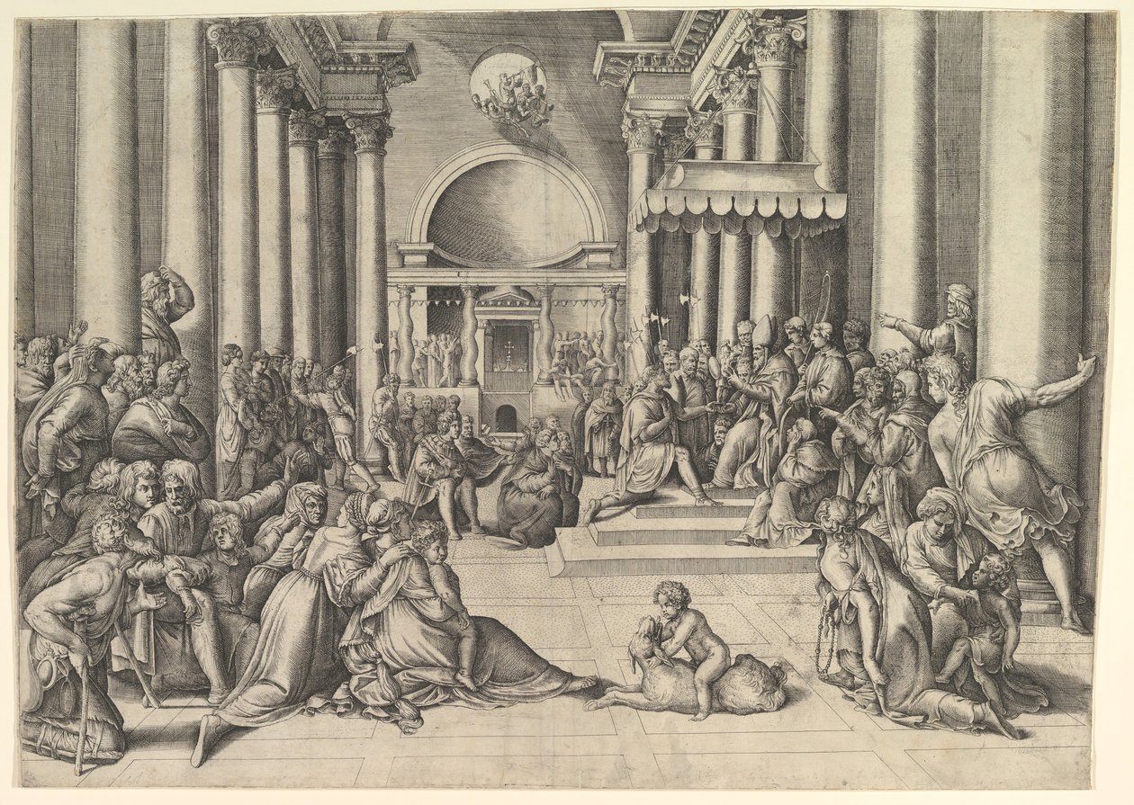 Constantine Představuje město Řím Svatému stolci, vpravo, mnoho diváků ..., ca. 1530-61. od Battista Franco Veneziano