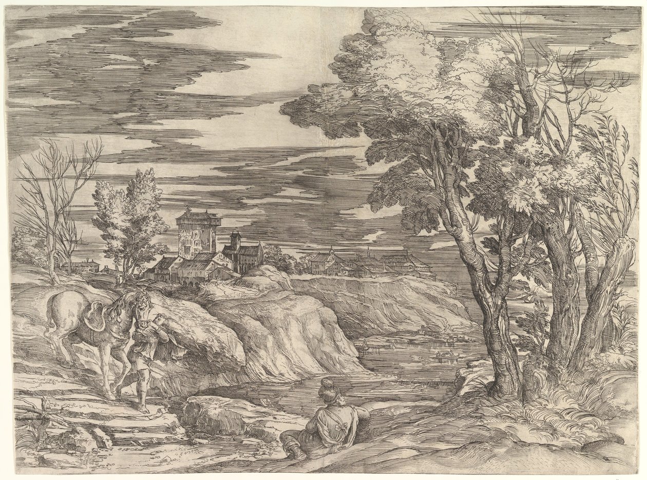 Krajina s jezdcem a jeho ženichem, ca. 1552-61. od Battista Franco Veneziano