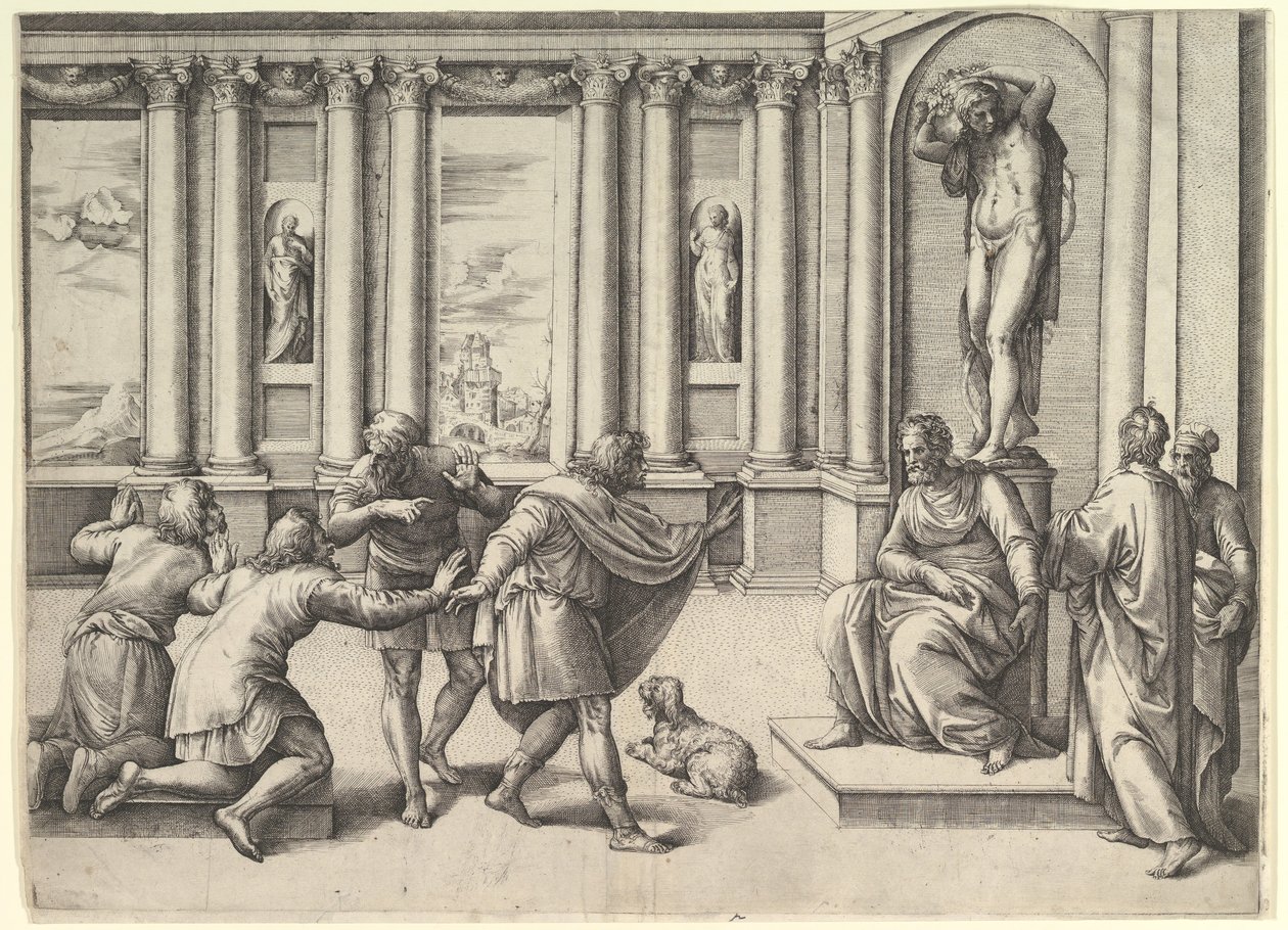 Muž sedící pod sochou Bakcha, přijímající publikum, ca. 1530-61. od Battista Franco Veneziano