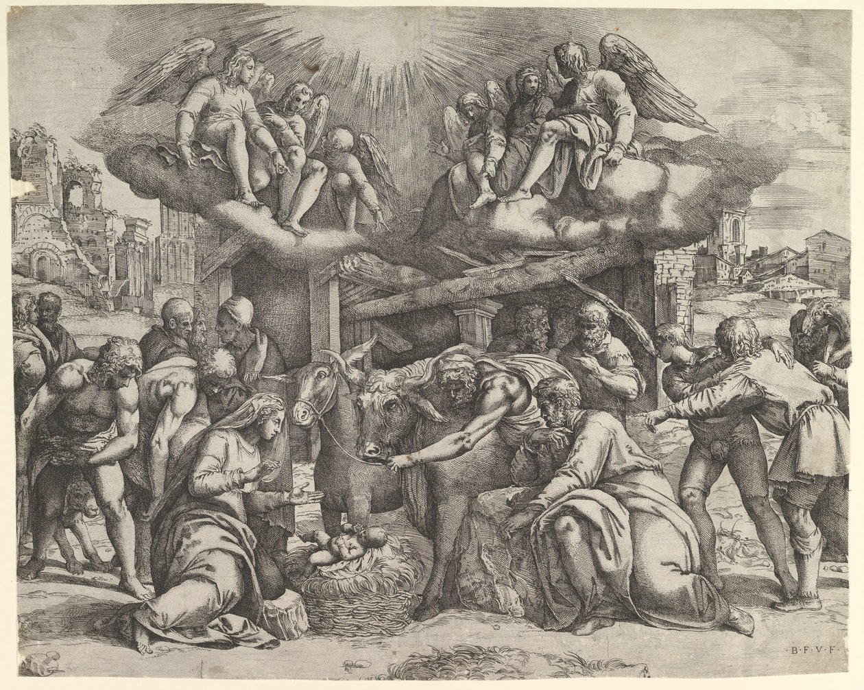 Klanění pastýřů s anděly nad hlavou, ca. 1530-61. od Battista Franco Veneziano