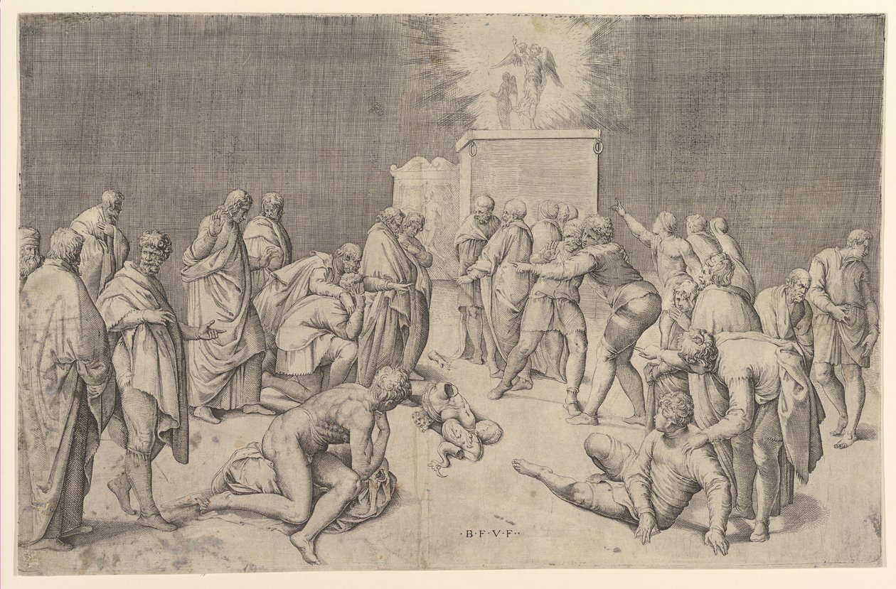 Pelištejci umístili Archu úmluvy do Dagonova chrámu, ca. 1540. od Battista Franco Veneziano