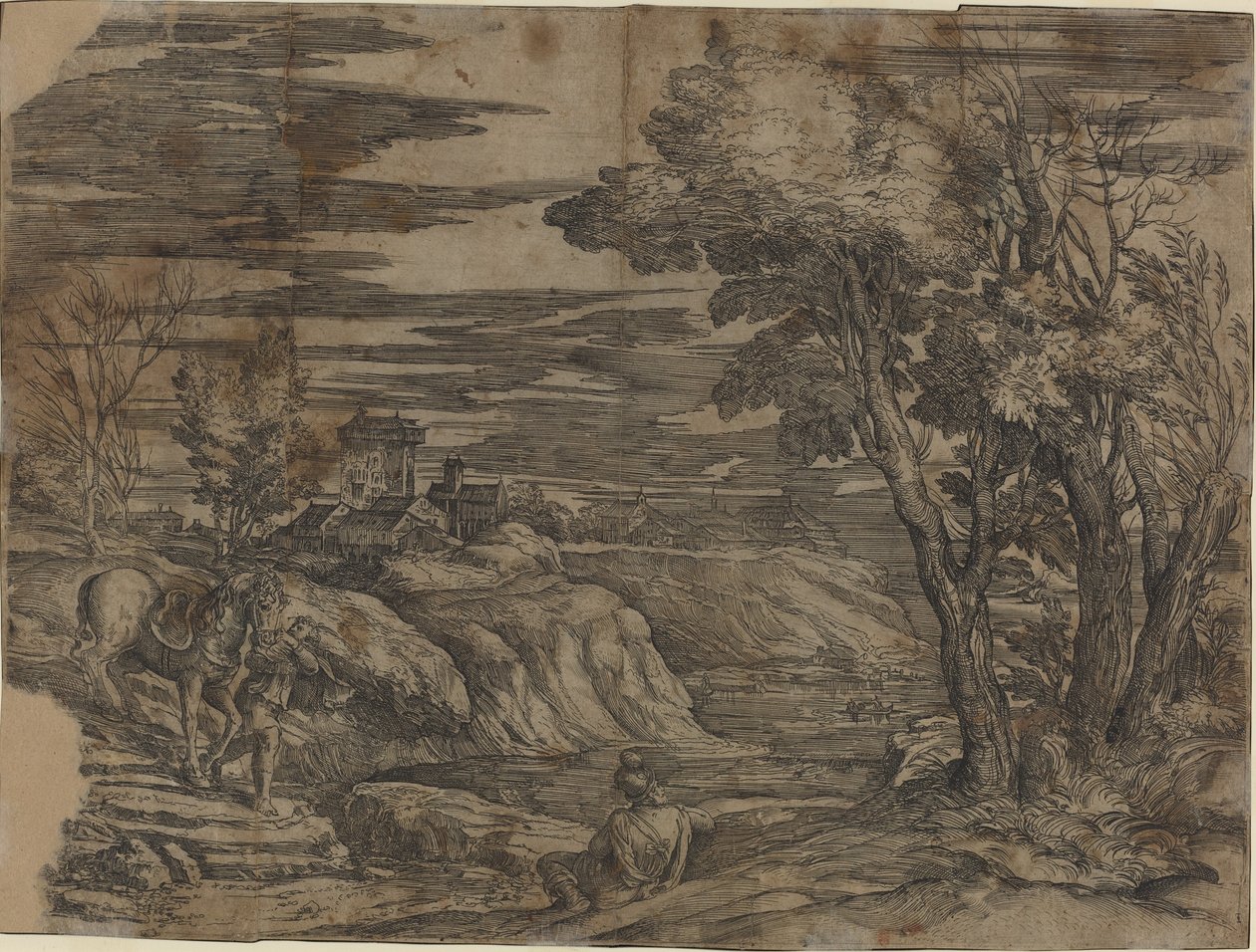 Krajina s mužem vedoucím koně od Battista Franco, after Titian