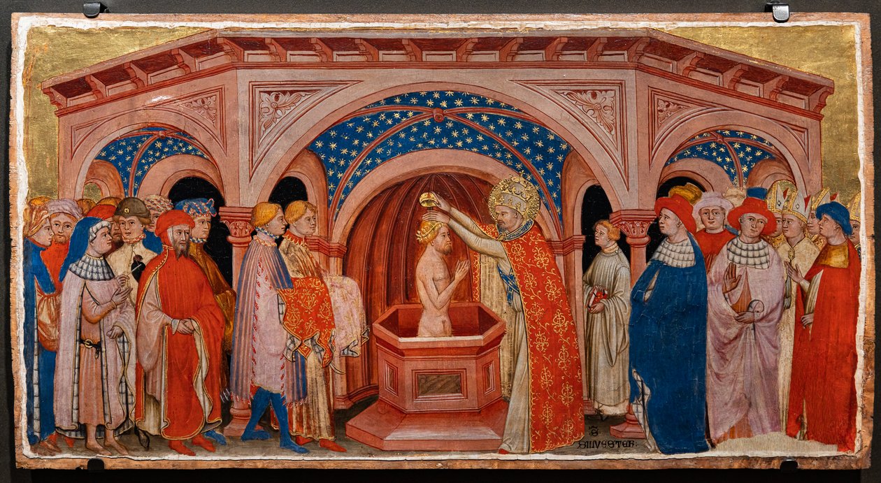 Papež sv. Silvestr křtí Kostantina v Lateranu (tempera na panelu) od Battista da Vicenza