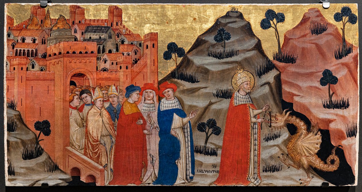 Papež sv. Silvestr porazil draka z tarpejské skály (tempera na panelu) od Battista da Vicenza